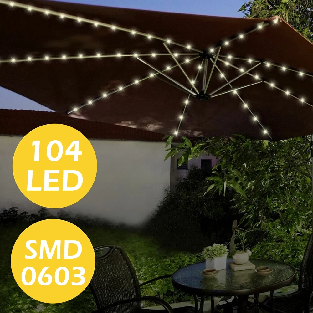 104 LED Solar Power Patio Umbrella Lights Outdoor Garden Parasol Fairy String Lamp IP65 Waterproof Automatic Solar Parasol Light