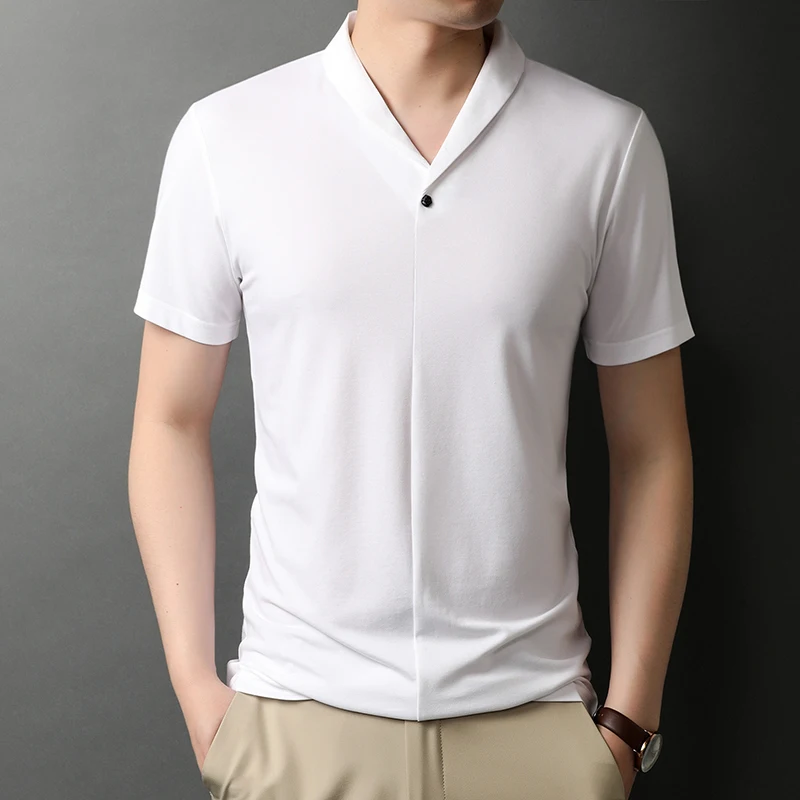 White Elegant Overshirt Mens Wide T-shirts With Collar Black Silk Soft Tee Summer Fashion Man Clothes Large Size V-neck Blouse