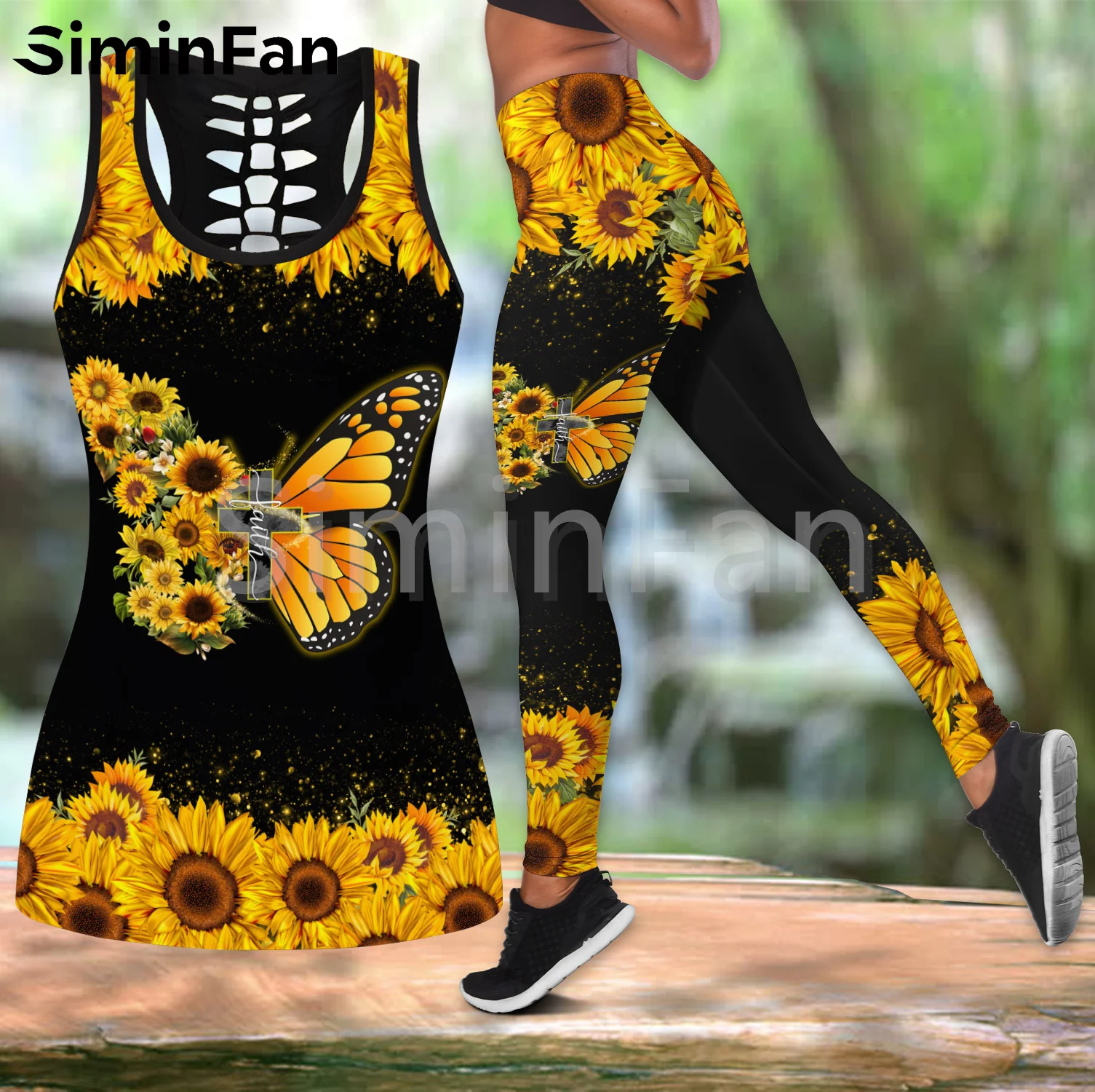 

Beautiful Flower Butterfly Combo Outfit Two Piece Yoga Set Women 3D Print Hollow Out Tank Top Legging Summer Vest Casual Pant 01