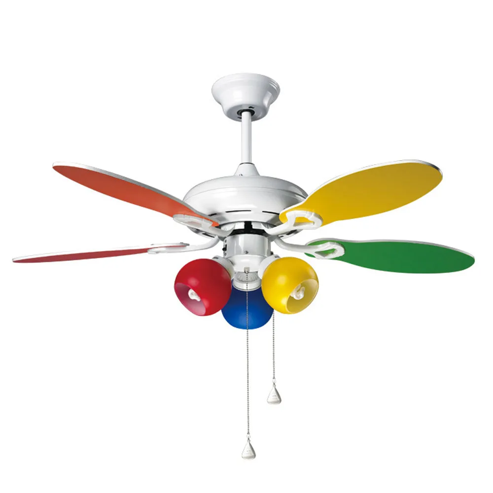 Colorful Kid's Bedroom Ceiling Fans Light 75cm Wooden flabellum 3 Lights Modern 3 Gears cord pull Switch Ceiling