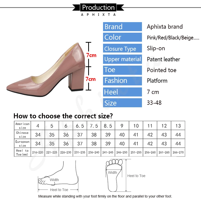 Aphixta Classics 7.5cm Square Heels Patent Leather Shoes Woman Pointed Toe Pumps Sapato feminino Work Party Shoes Plus Size 48