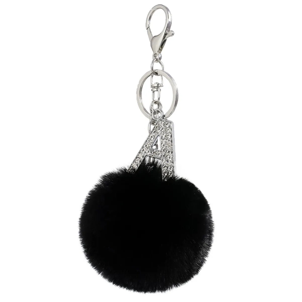 Letter A-Z Fluffy Black Pompom Faux Rabbit Fur Puff Ball Keychains Crystal Letters Rings Key Holder Hook Up Chain Accessories