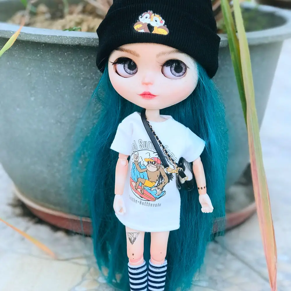 New Cute 2PCS/Lot Long Style Shirt Blyth Clothes Cartoon Printed Short T-shirt+ Stripe Knee High Socks for licca 1/6 Dolls