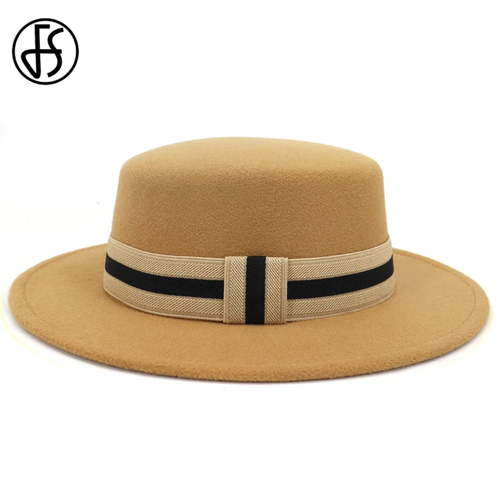 FS Men Women Wool Felt Fedora Bowler Hat with Ribbon Band Elegant Wide Brim Flat Top Party Jazz Cap Black Red Army Green Hats