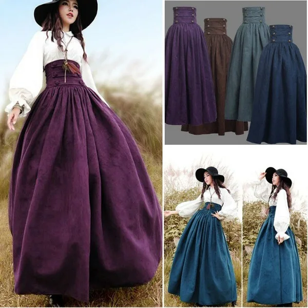 Women Empire Steampunk Skirt Vintage Renaissance Gothic High Waist Double-breasted Maxi Long Walking Victorian Skirts