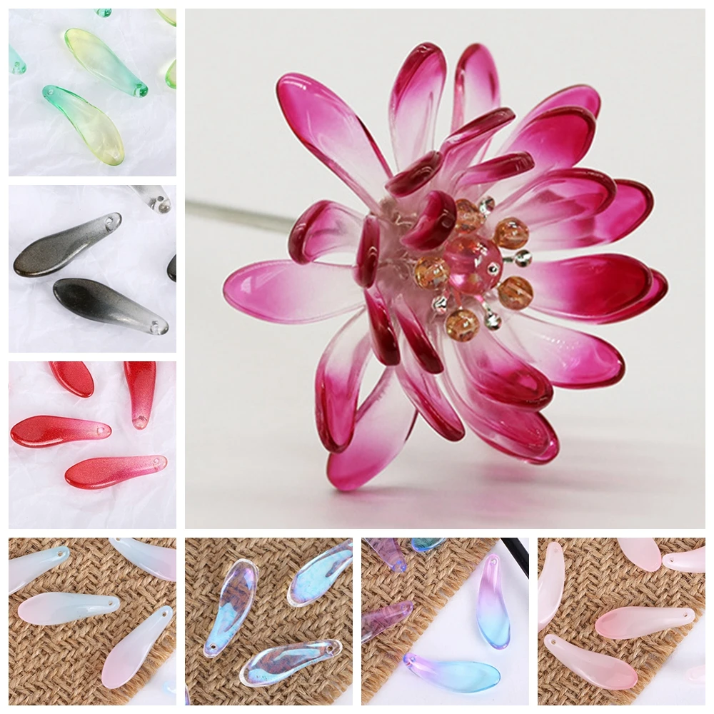 10pcs Chrysanthemum Petal Shape 27x8mm Lampwork Glass Loose Pendants Beads for Jewelry Making DIY Handmade Crafts Findings