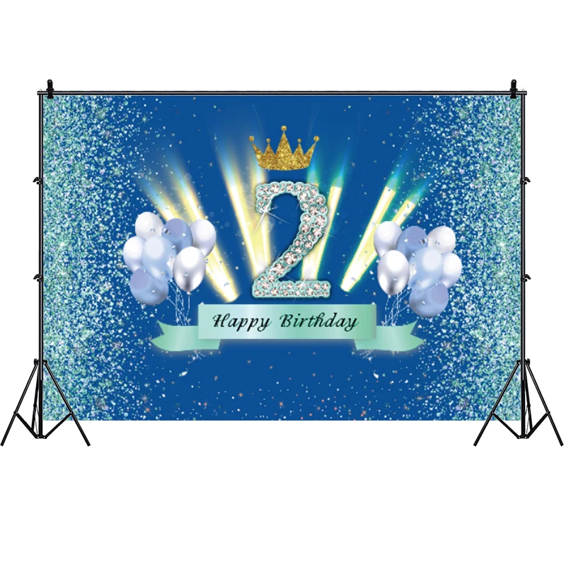 2 Years Photo Backdrop 2nd Girls Boy Crown Happy Birthday Party Two Photograph Background Banner Decoration Prop