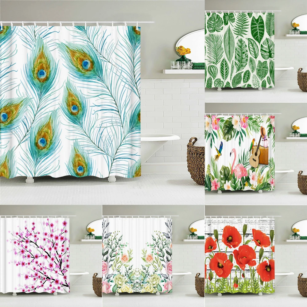 

Flowers Birds Feather Shower Curtains Bathroom Waterproof Bath Curtains With 12 Hooks 3d Printing Polyester Fabric Bath Screen