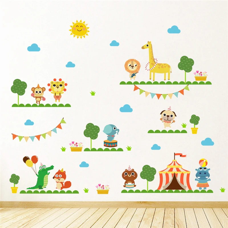 

Cartoon Animal Monkey Giraffe Elephant Wall Stickers For Kids Room Decoration Nursery Safari Mural Art Diy Home Decal Pvc Poster