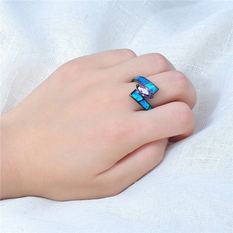 Vintage Blue Imitation Fire Opal Rhinestones Black Ring For Women Accessories Jewelry Wedding Party Charm Statement Gift