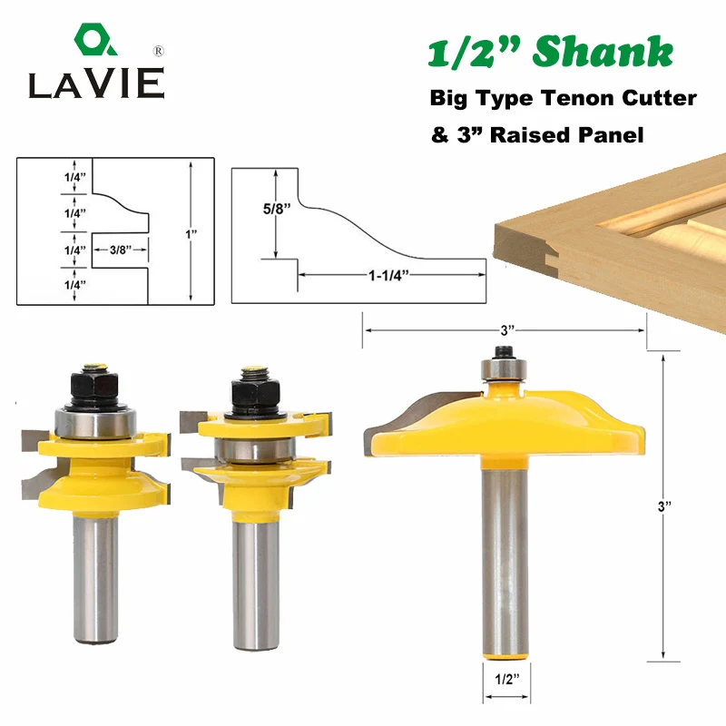 

3PCS 12MM 1/2" Shank Large Rail & Stile Ogee Blade Cutter 3" Panel Cabinet Router Bit Set Door Tenon Knife for Wood Tools