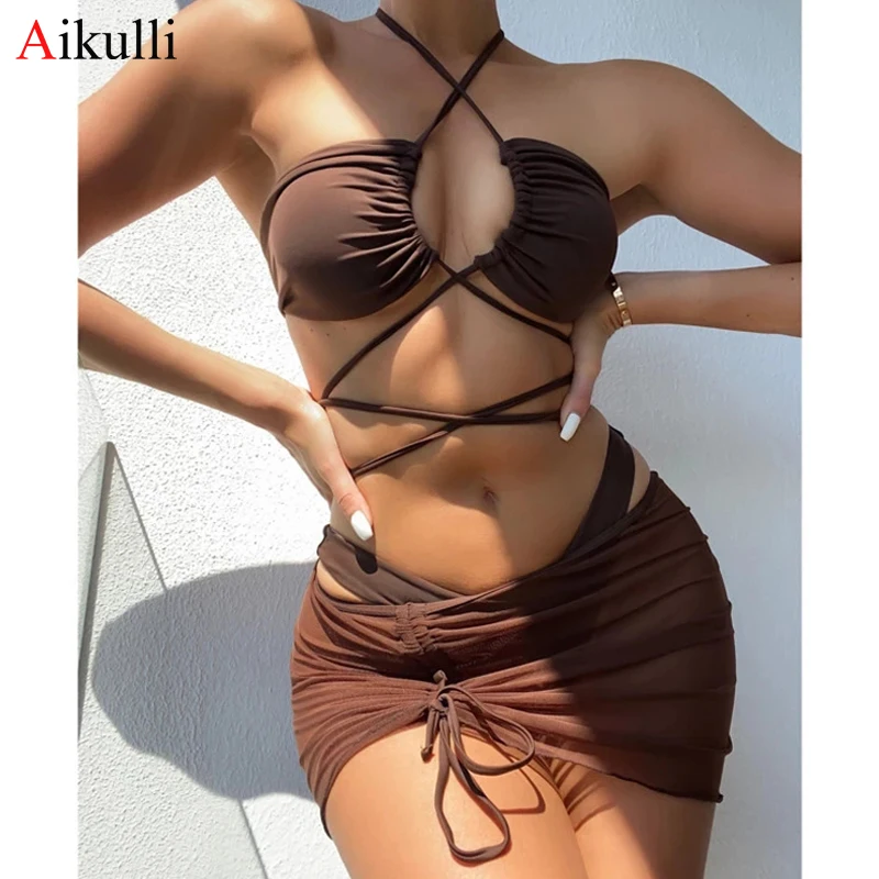 Sexy Halter Hollow Cross Bikinis Set Swimsuit Women\'s 2023 New Solid Two-Piece Swimwear Summer Beachwear Woman Bath Bathing Suit