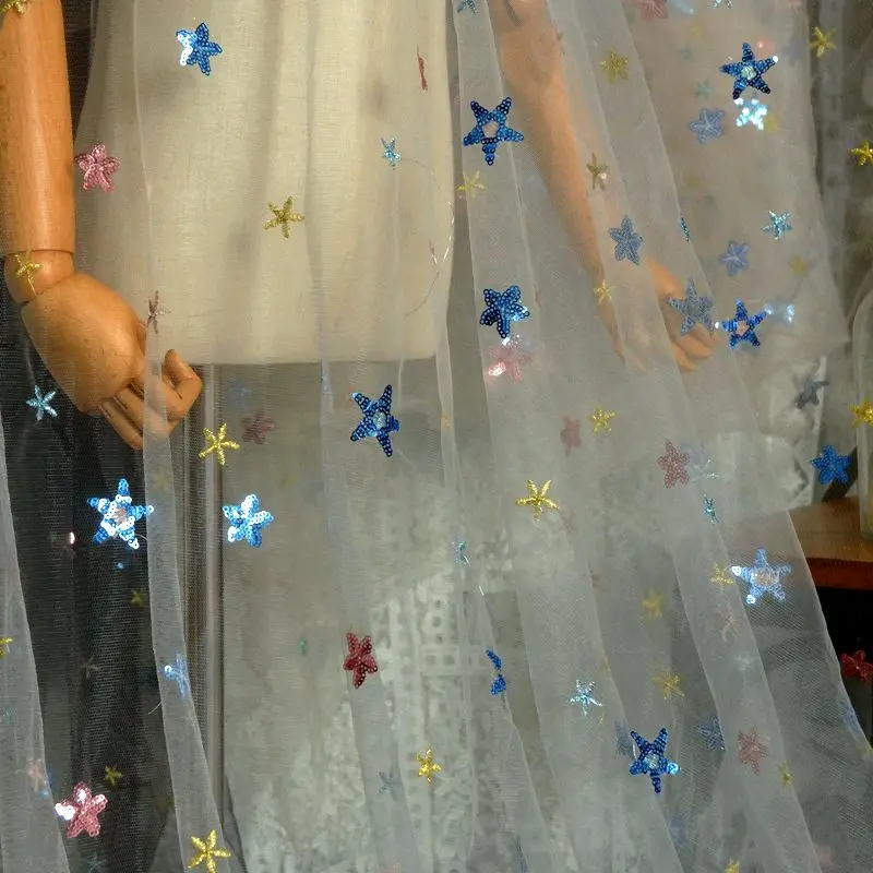 

50x150 см марлевая ткань с вышивкой звезд и блестками, сетчатая кружевная ткань с вышивкой, одежда для малышей, детская одежда, материал