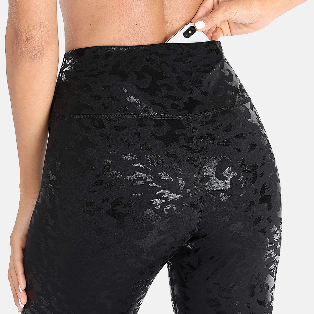 Leggings sportivi da donna charmperdite in ecopelle stampa leopardata Tummy Control allenamento pantaloni da Yoga tasca nascosta in vita