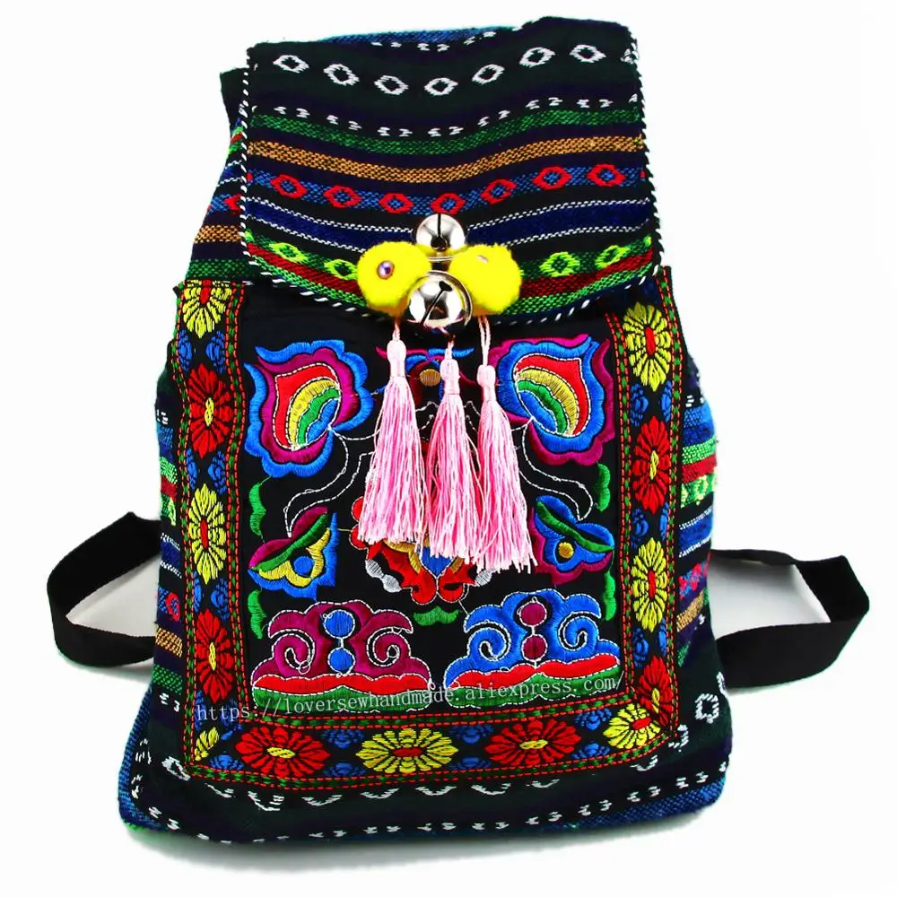 Tribal Vintage Hippie Colorful Travel Backpack Bag For Women Embroidery Pom Charm Hmong Ethnic Bohemian Boho Rucksack SYS-170E