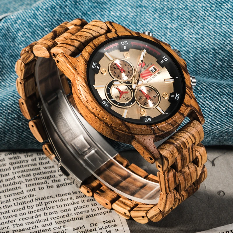 KUNHUANG orologi da uomo in legno dorato completamente funzionali orologi da uomo al quarzo in legno sportivo da uomo orologio da polso impermeabile