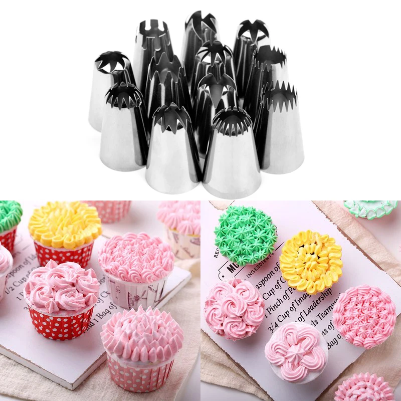 

12 PCS Large Size Cream Cake Nozzle Stainless Steel Decorating Kitchen Accessories Squeeze Flower silicon moulds