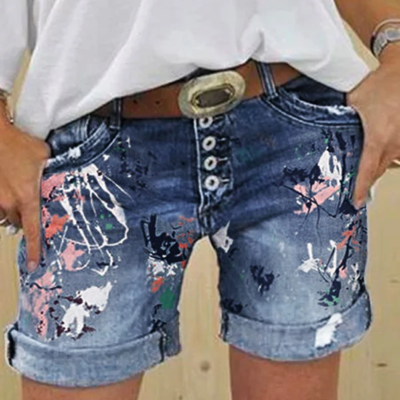 

2025 New Women's jeans high-waisted denim shorts loose wash printing, multi-button curled hot pants, women's street pants