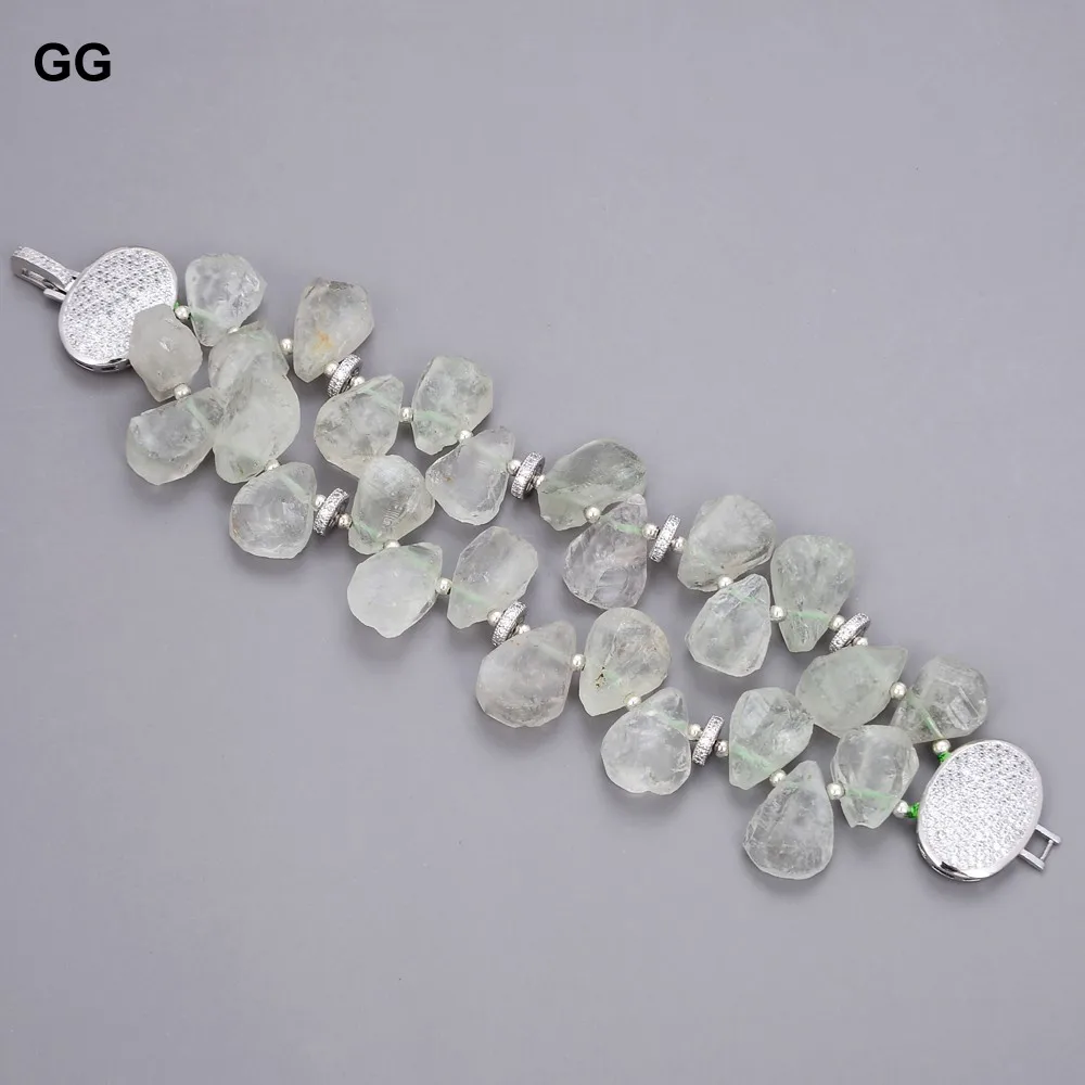 GuaiGuai Jewelry Natural Stone 2Strands Natural top-drilled Peruvian Green Prehnite Rough Bracelet Lady Jewelry