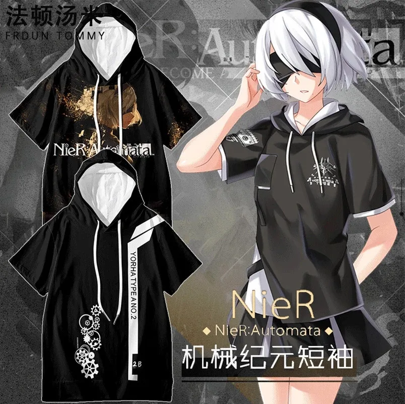 Game NieR Automata 2B YoRHa No. 2 Type B 9S YoRHa No. 9 Type S Cosplay Costume Short Sleeve Unisex Hoodie t-shirt Graphic Tops