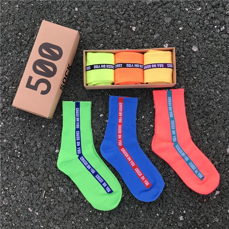 

Fashion Socks Women Fluorescence Colour Sock Female Tide Street Section Korean Socks Stripe Letter Sports Socks 3 Pair/Box