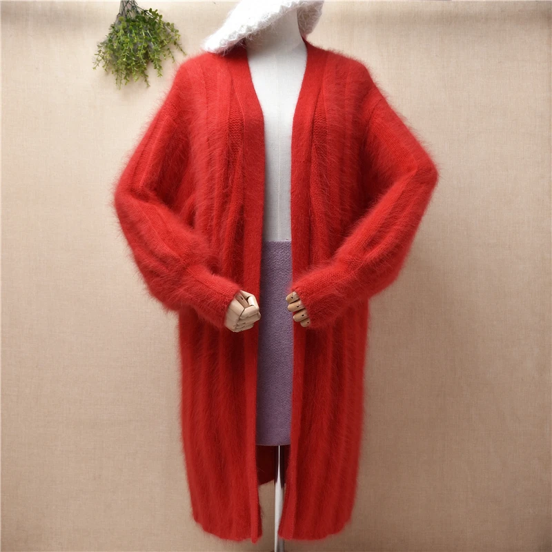 

female women autumn winter clothing christmas red mink cashmere knitted long sleeve striped long sweater cardigan mantle sweater