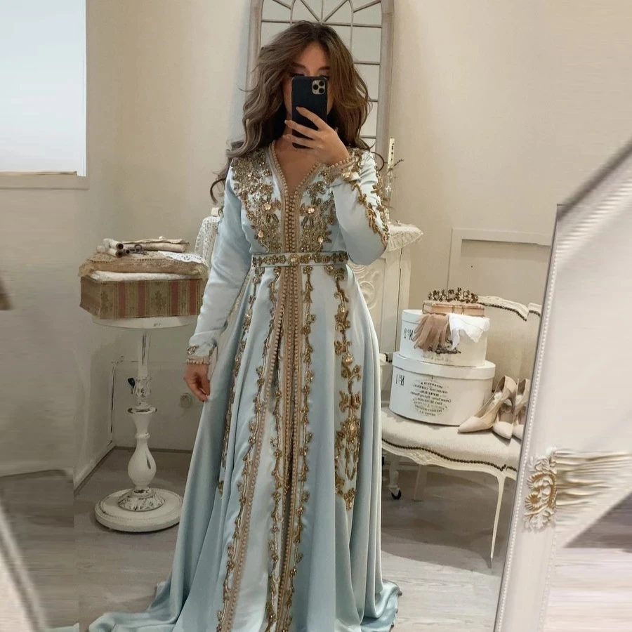 Moroccan Kaftan Caftan Muslim Evening Dresses A-line Long Sleeves Chiffon Applique Dubai Arabic Abaya Islamic Gown Customized