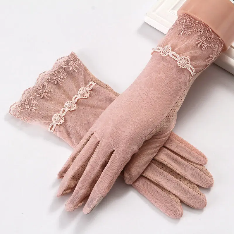 Guantes de protección solar para mujer, sombrilla de verano, pantalla táctil, encaje de hielo, algodón fino, corto, ciclismo, motocicleta, al aire