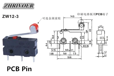 5Pcs Mini Micro Limit Switch NO NC 3 Pins PCB Terminals SPDT 5A 125V 250V 29mm Roller Arc lever Snap Action Push Microswitches