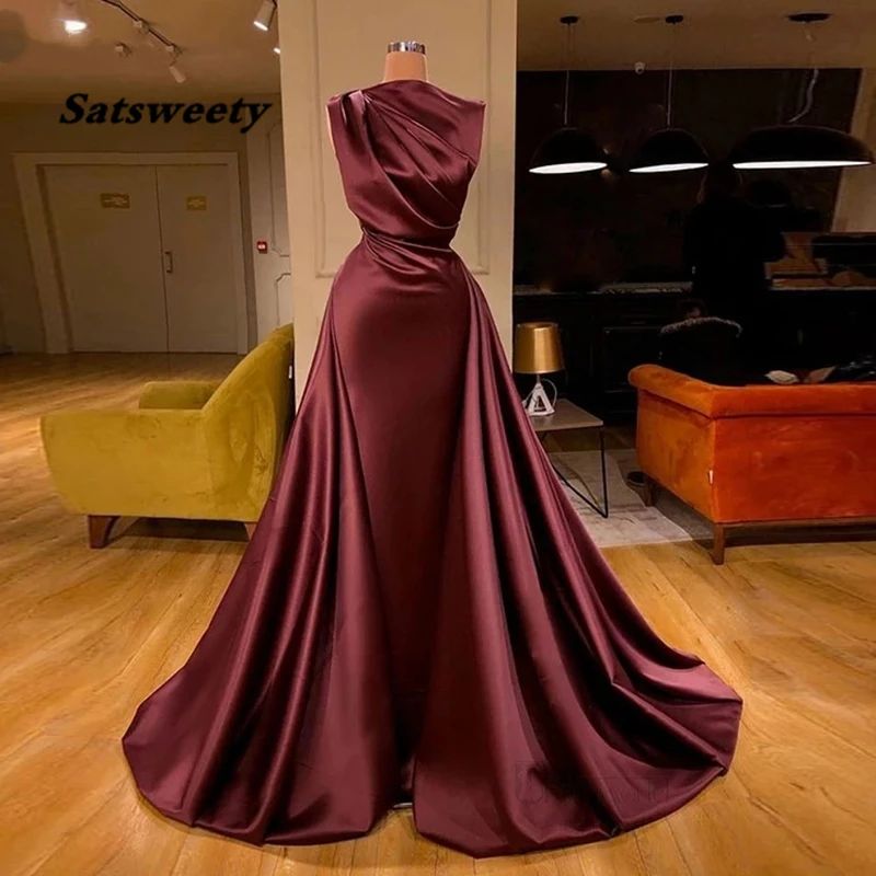 Abendkleider Burgundy Moroccan Kaftan Muslim Evening Gown Pleat Satin Arabic Mermaid Dubai Formal Dress Long Vestidos