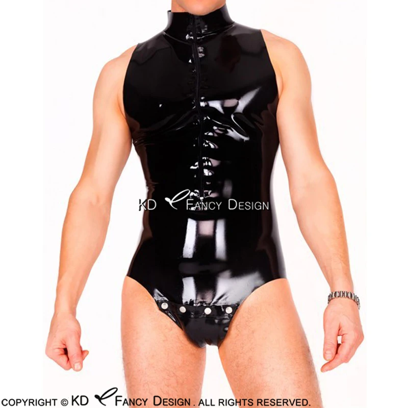 

Black Sexy Latex Swimsuit With Codpiece And Front Zip Rubber Catsuit Bodysuit Overall Zentai Body Suit LTY-0092