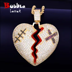 Broken Heart Pendant Necklace Gold Color Cubic Zircon Men's Hip Hop Street Rock Jewelry