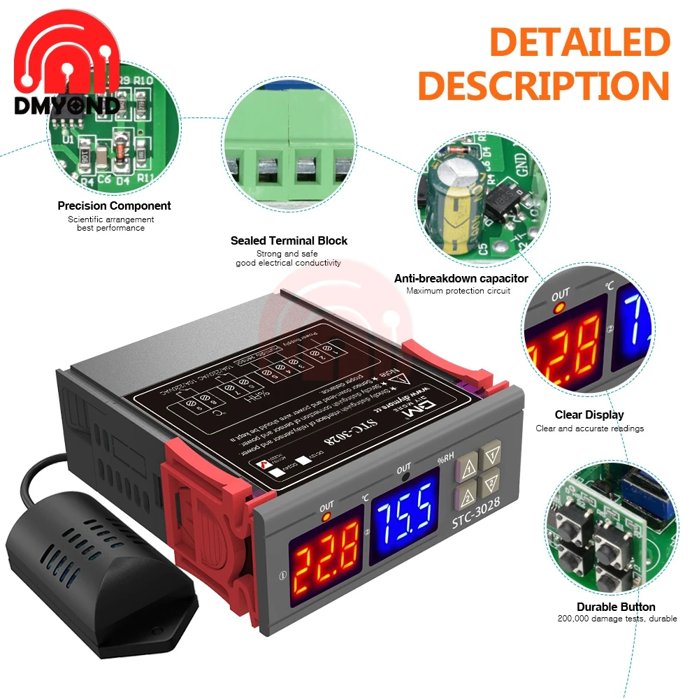 Termostat STC-3028, pengontrol kelembapan temperatur untuk inkubator dalam ruangan, tampilan ganda LED 110V 220V 12V 24V