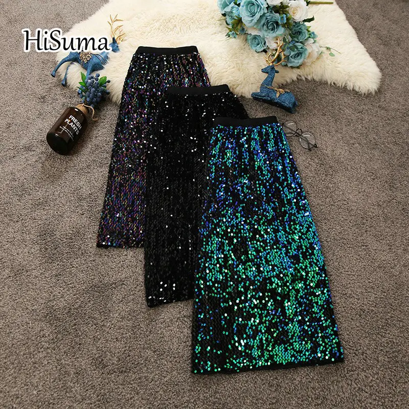 

HISUMA 2024 autumn winter new women's chic sequines shiny package hip skirts female high waist vintage bling pencil skirt