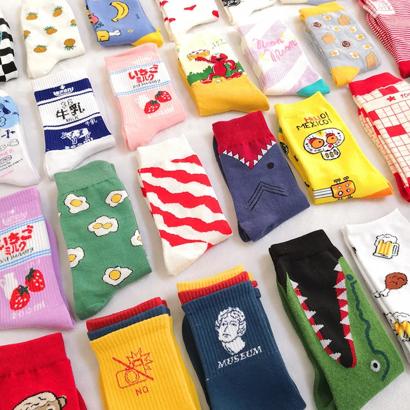 Creative High Quality Fashion Harajuku Kawaii Happy Socks Women milk Food painting Strawberry Animal Print Funny Socks Cute Sock