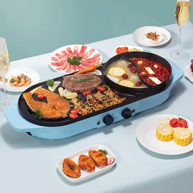 Larger 2 in 1 220V Electric Hot Pot Oven Smokeless Barbecue Machine Home BBQ Grills Indoor Roast Meat Dish Plate Multi Cooker