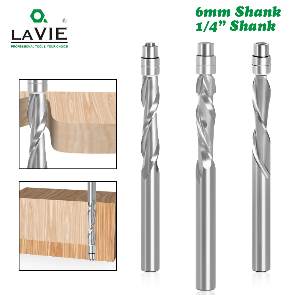 LA VIE 1 adet 6mm 6.35mm Shank katı karbür rulman güdümlü iki flüt gömme Trim freze uçları ağaç İşleme freze kesiciler End Mill