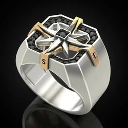 Retro Viking Style Nautical Compass Seal Ring Male Gold Color Two-Color Stainless Steel Rings Fashion Vintage Jewelry for Men