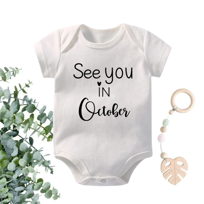 

Baby Announcement See You In October Baby Body Pregnancy Reveal Cotton Custom Romper Onesies Baby Shower Gifts