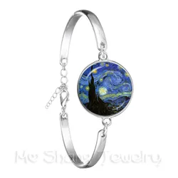 Starry Night Bracelet Van Gogh Art Picture 18mm Glass Cabochon Silver Plated Chain Bangle Fashion Trendy Jewelry For Women Gift