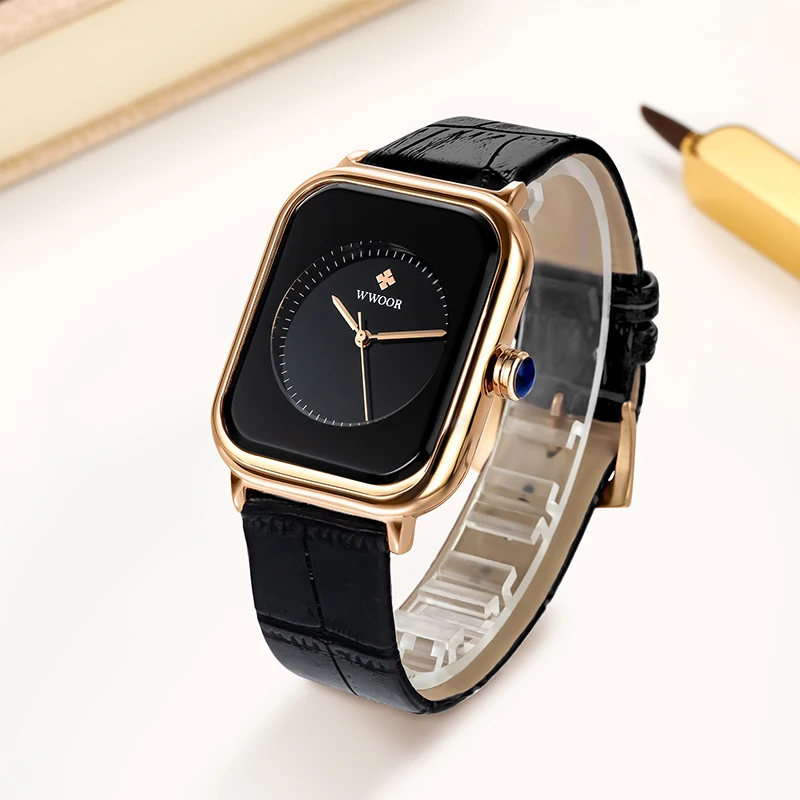 WWOOR New Elegant Women's Watches Leather Square Ladies Dress Watch For Women Luxury Fashion Waterproof Quartz Clock Reloj Mujer