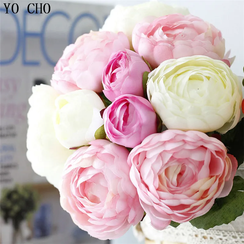 YO CHO Gefälschte Blume Künstliche Seide 10 Kopf Rose Lotus Blume Brautjungfer Bouquet Blume Anordnung Handgemachte Hause Hochzeit Bouquet