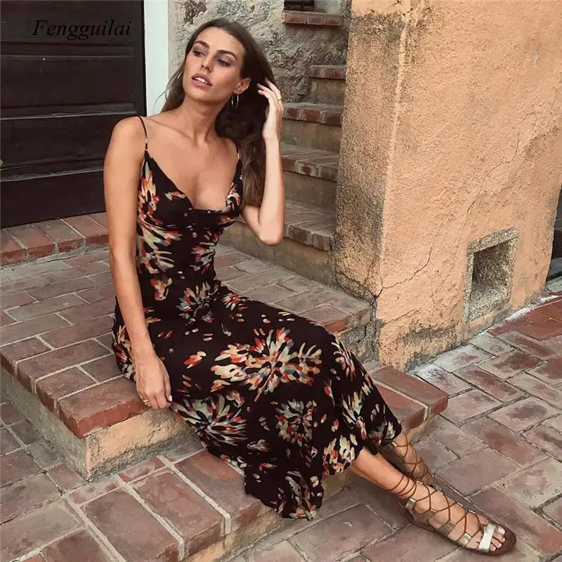 Robe longue à imprimé Floral pour femmes, bretelles Spaghetti, Sexy, sans manches, dos nu, Vintage, style Boho, tenue de soirée, été, 2021