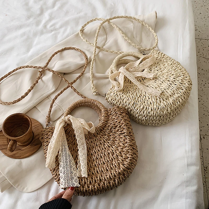 Straw Bag Women Hand-Woven Handbag Moon Shape Lace Bow Rattan Bag Big Capacity Drawstring Casual Beach Shoulder Crossbody Bag