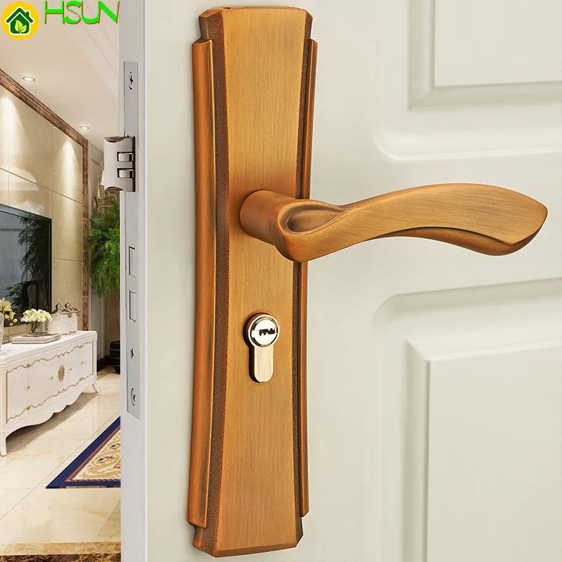 

Indoor solid wood door locks bedroom mechanical antique handle bronze door locks