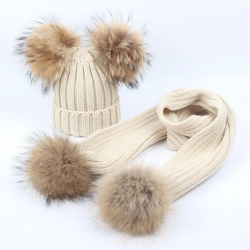 2020new Baby and Mother Wool Hat Scarf Set Christmas Thick Raccoon Ball Knitted Ear Cap Set  Newborn Photography Props Baby Hat