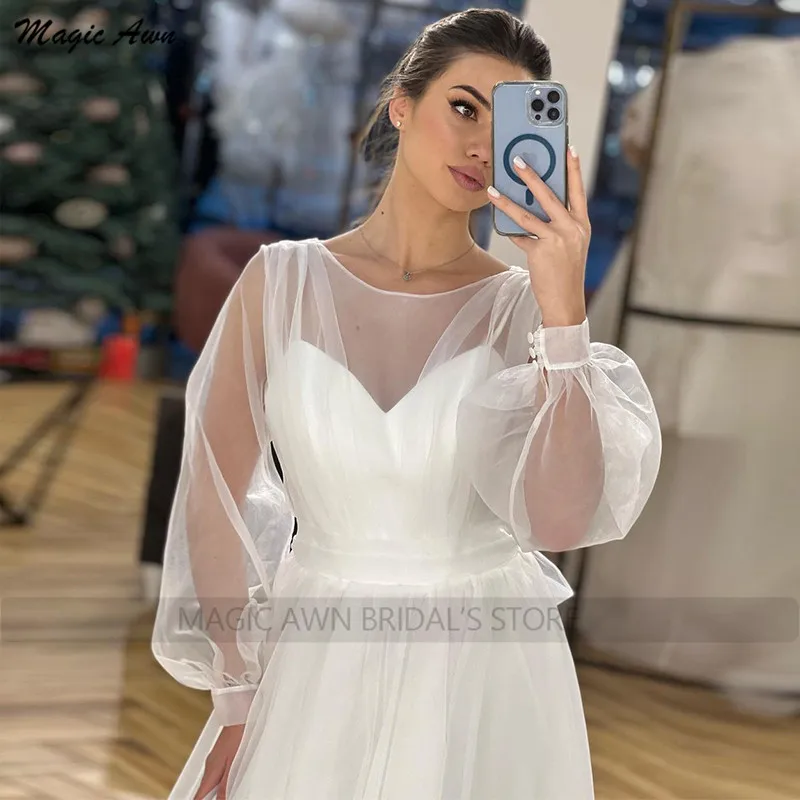 Magic Awn-Vestidos De boda bohemios De manga larga para mujer, ropa De ilusión De Organza, corte en A, con lazo, 2022