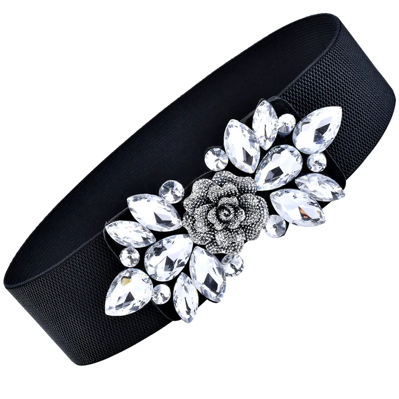 Fashion Female Artificial Crystal Wide Elastic Waist Belt for Women Ladies Dress Waistband Cummerbund Accessories Black Re16