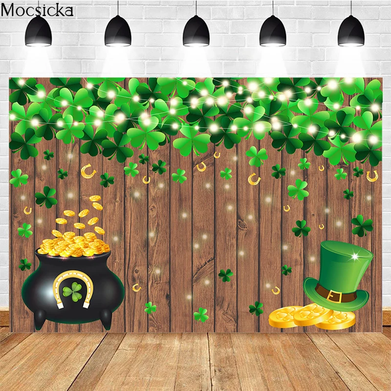 Shamrock Photography Background Gold Coin Light String Wooden Board Decoration Studio Props Child Portrait Photo Backdrop Banner