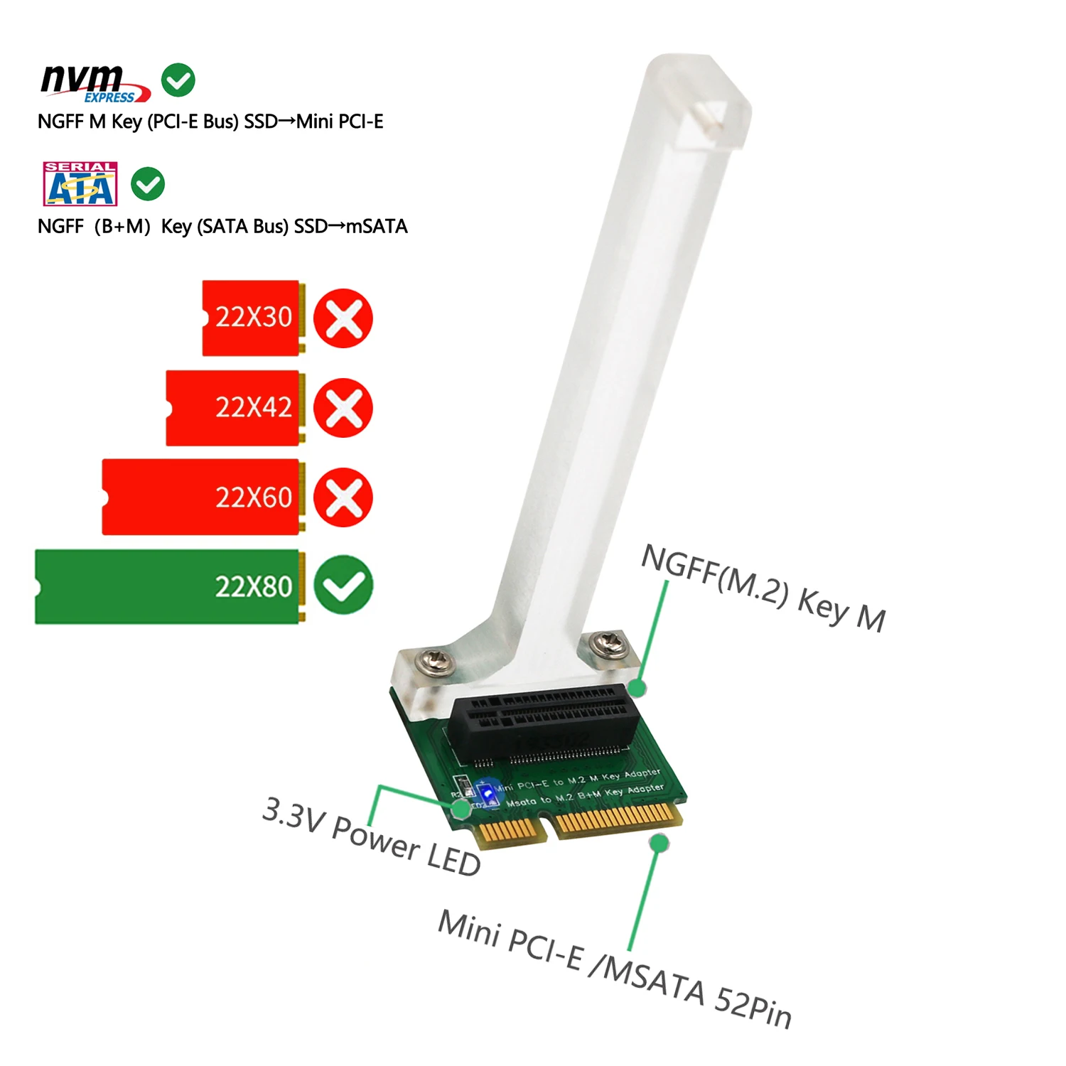 M.2 SSD / B+M key SATA Bus SSD to Mini PCI-E Adapter Vertical installation for Nvme NGFF 2280 Type SSD mSATA Card Converter